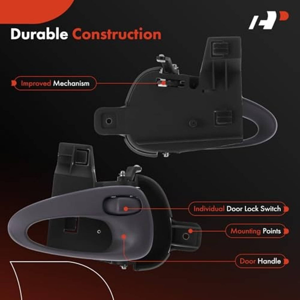 Front left interior door handle with mounting points and lock switch area, dark gray