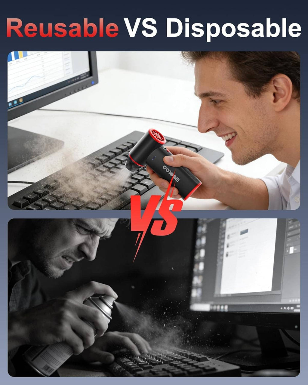 Handheld air duster with red button and nozzle head, shown in reusable vs disposable comparison