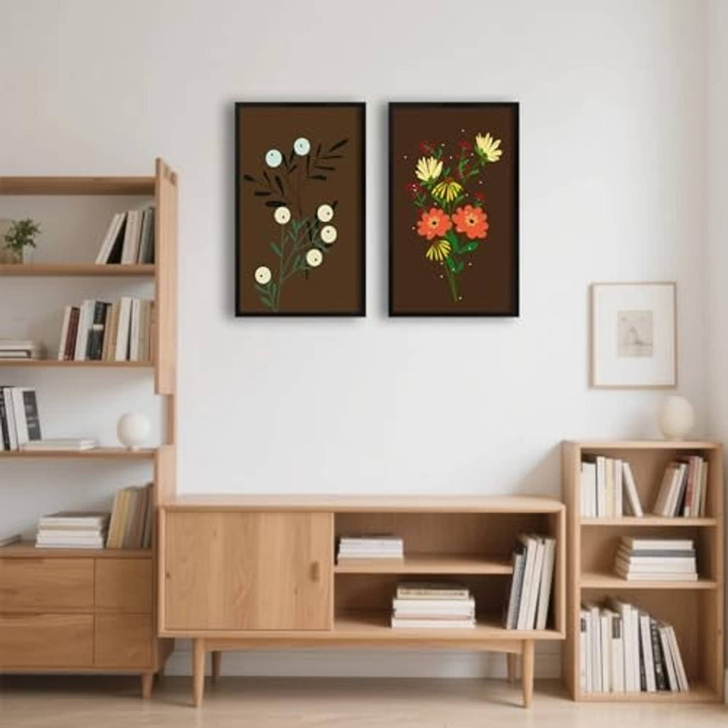 Two black 16x20 picture frames on wall above a media console