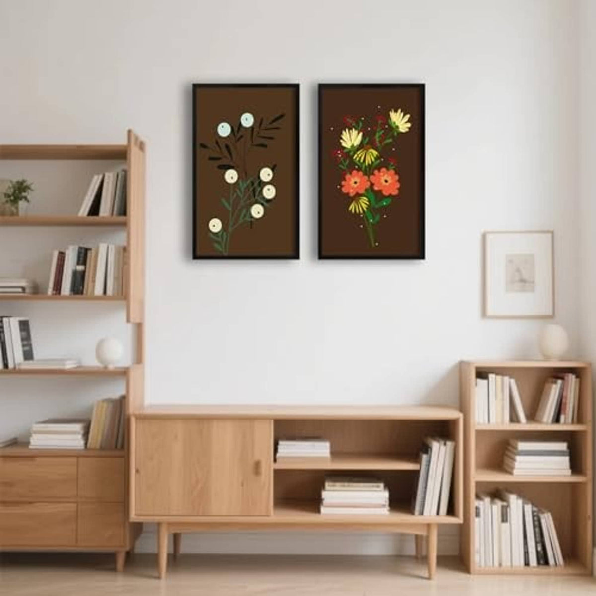 Two black 16x20 picture frames on wall above a media console