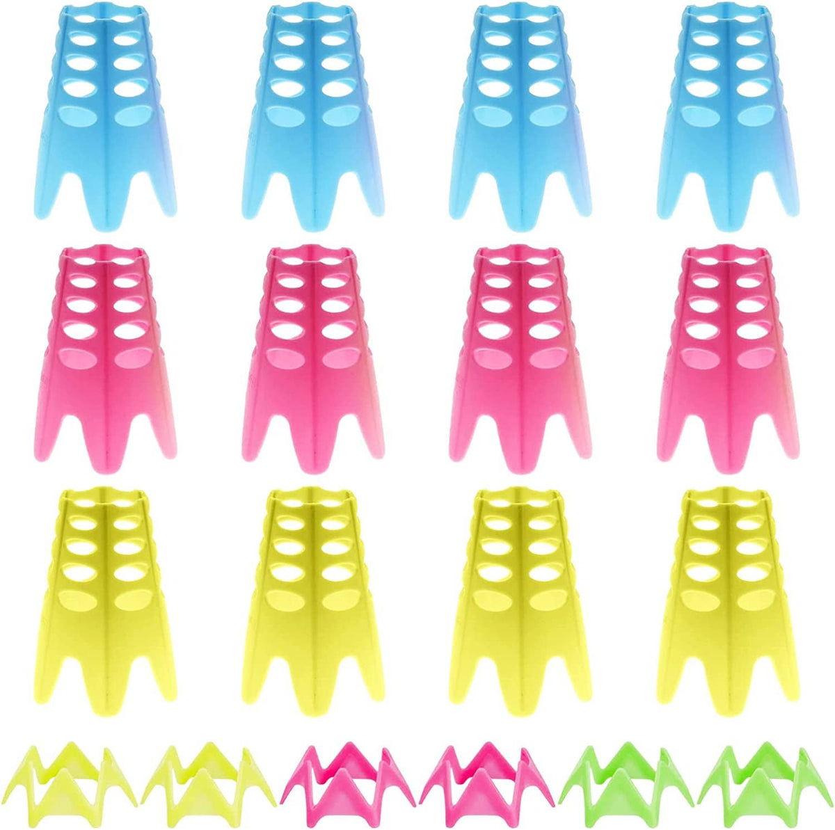 Set of plastic golf practice tees in blue, pink, and yellow with green and pink zigzag stakes