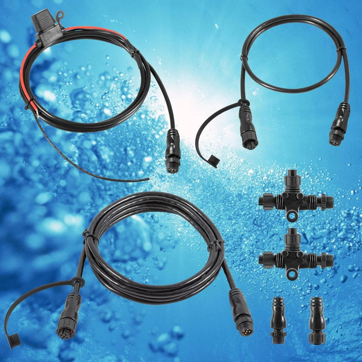 NMEA 2000 network cable kit with looped black cables, male connectors, and T-junctions