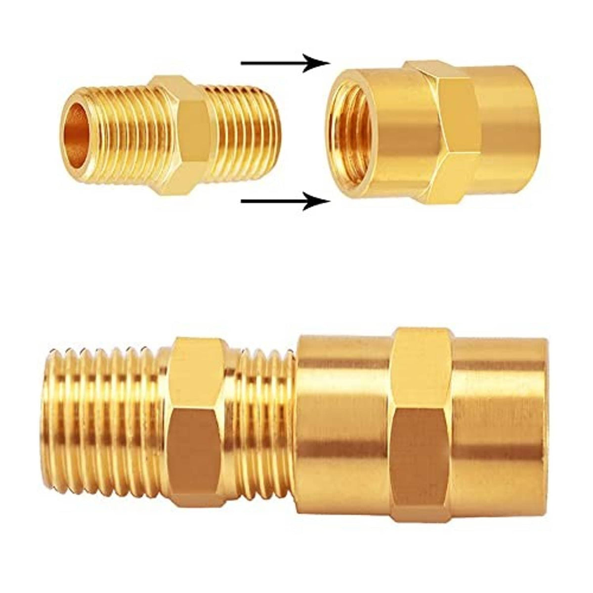Brass hex NPT nipple coupling showing two ends with threaded ports
