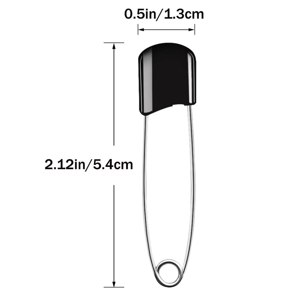 Black plastic-head safety pin with size markings: 1.3 cm top and 5.4 cm length