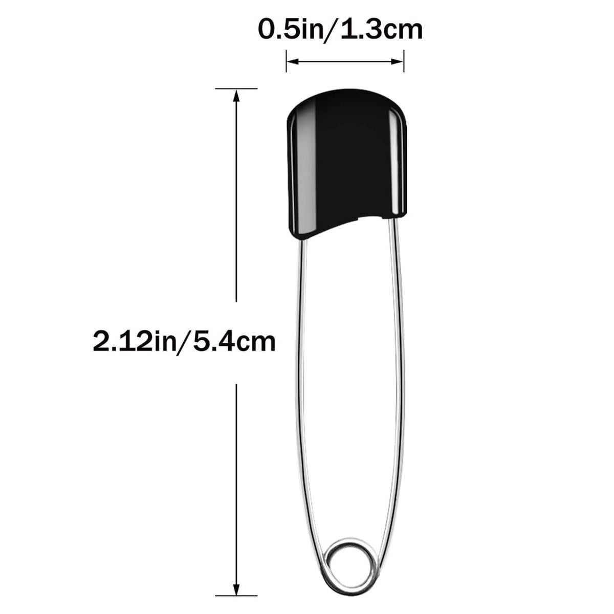 Black plastic-head safety pin with size markings: 1.3 cm top and 5.4 cm length
