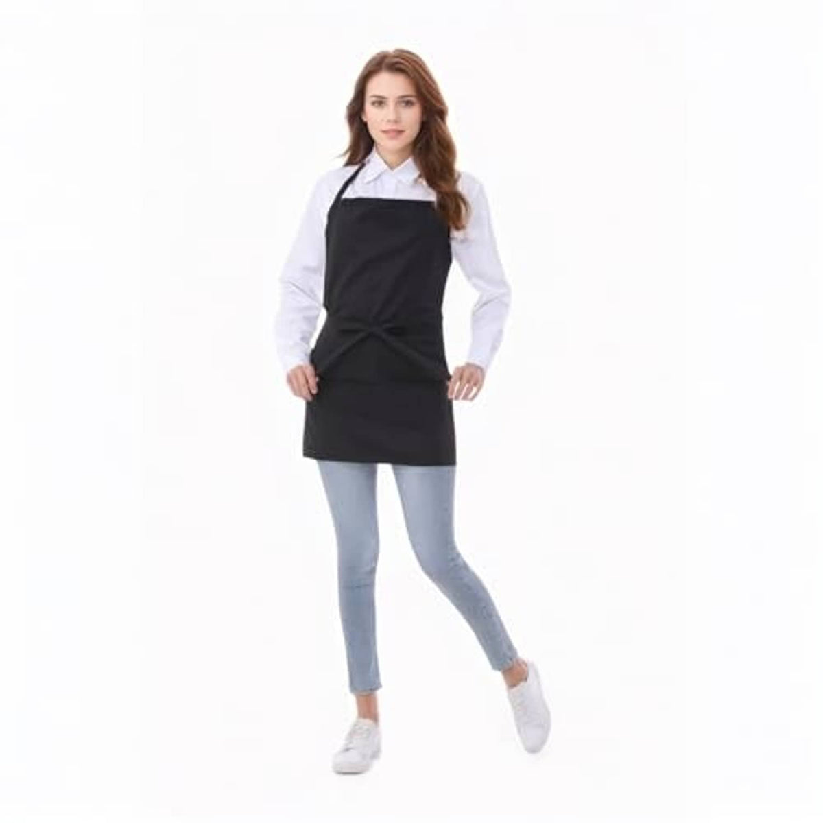 Black cotton short apron with 3 pockets and front waist tie, straight skirt hem.