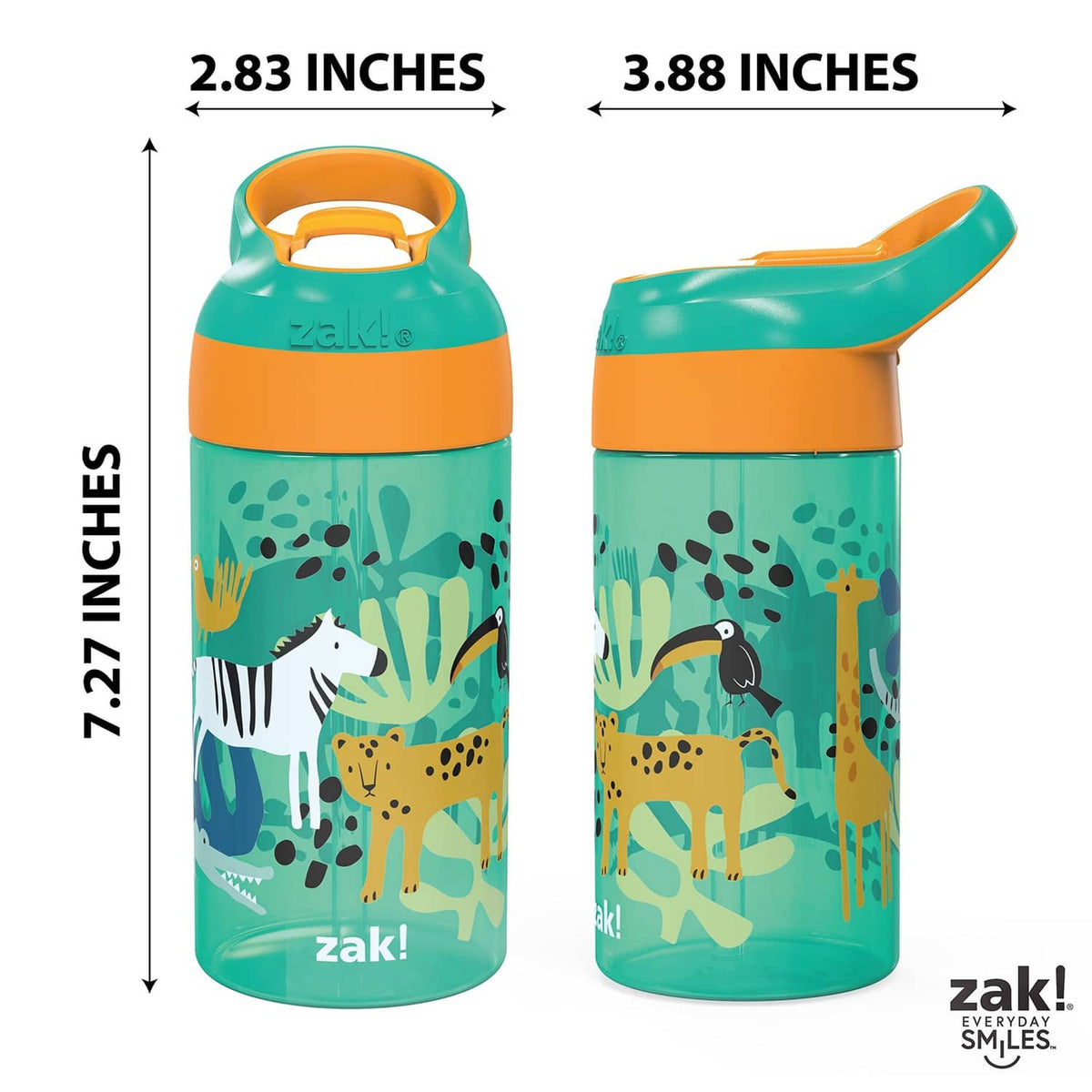 Kids teal dinosaur safari water bottle with orange lid, showing side profile