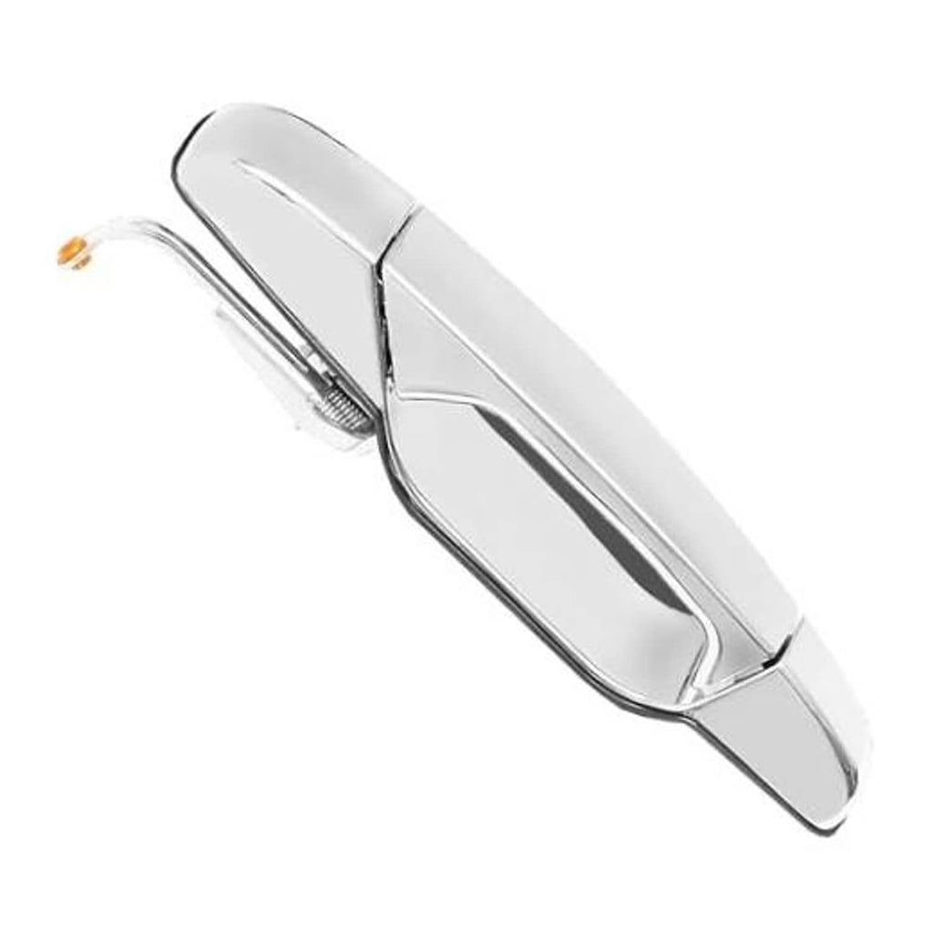 Exterior rear-left door handle with chrome finish, curved lever design