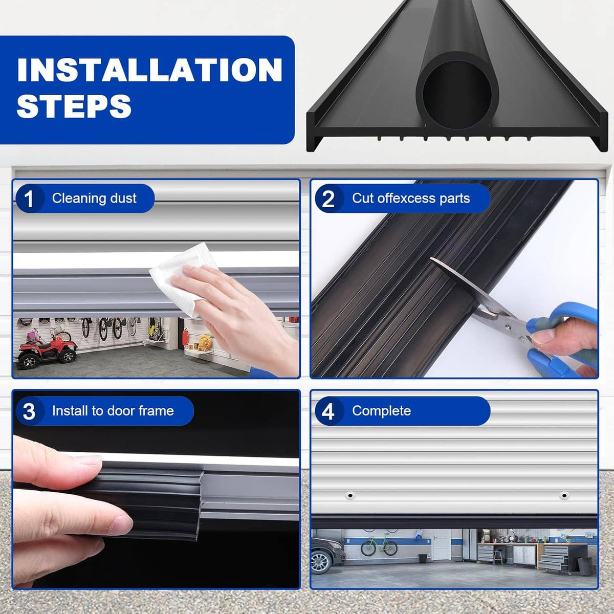 Black garage door bottom seal strip with round bulb profile and installation steps