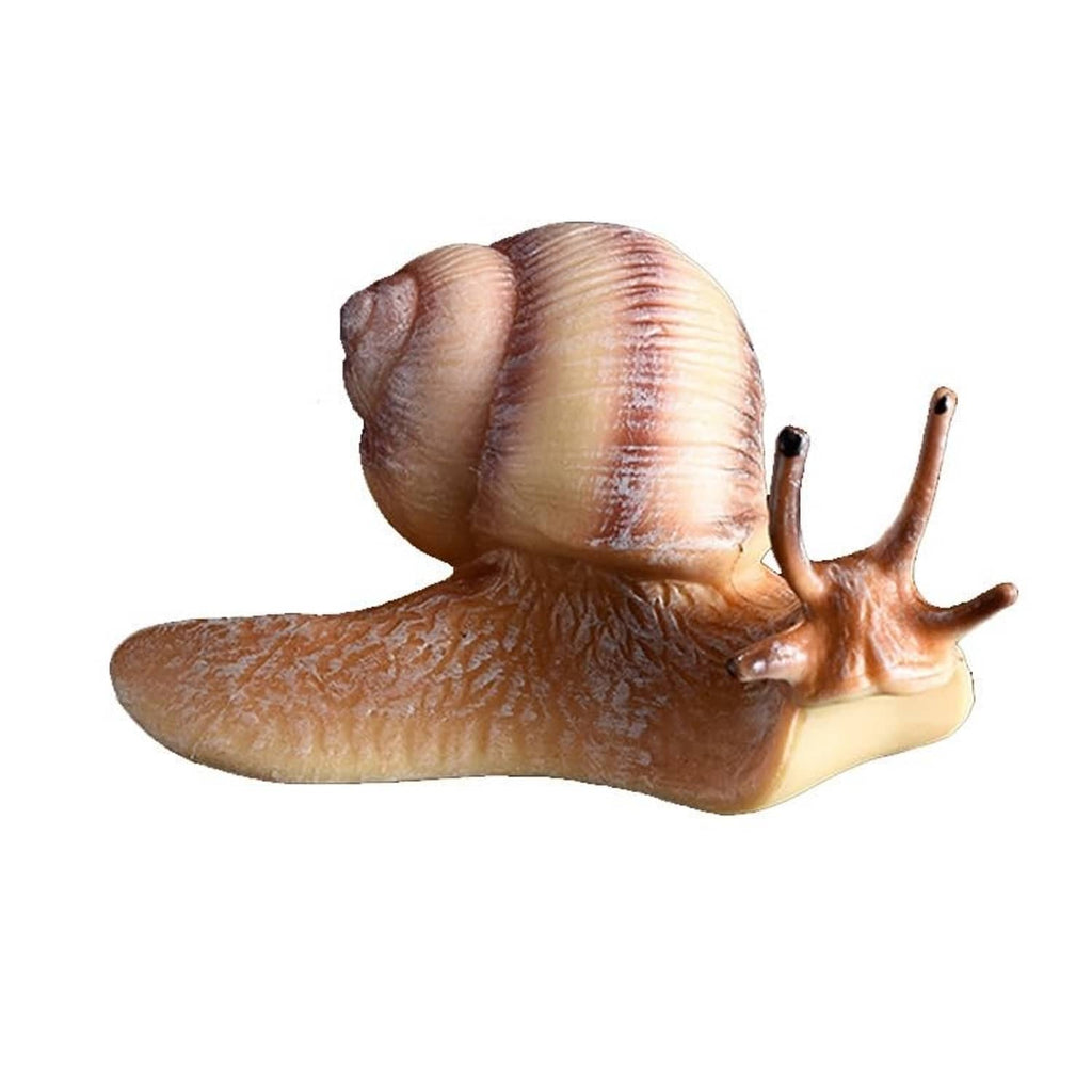 Realistic mini snail figurine with striped spiral shell and brown body, antennae extended.