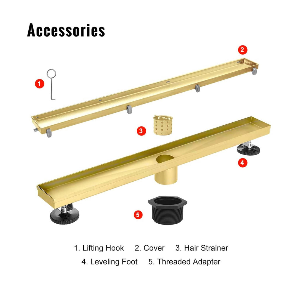 Gold linear shower drain tile insert grate with accessories, including leveling feet and adapter