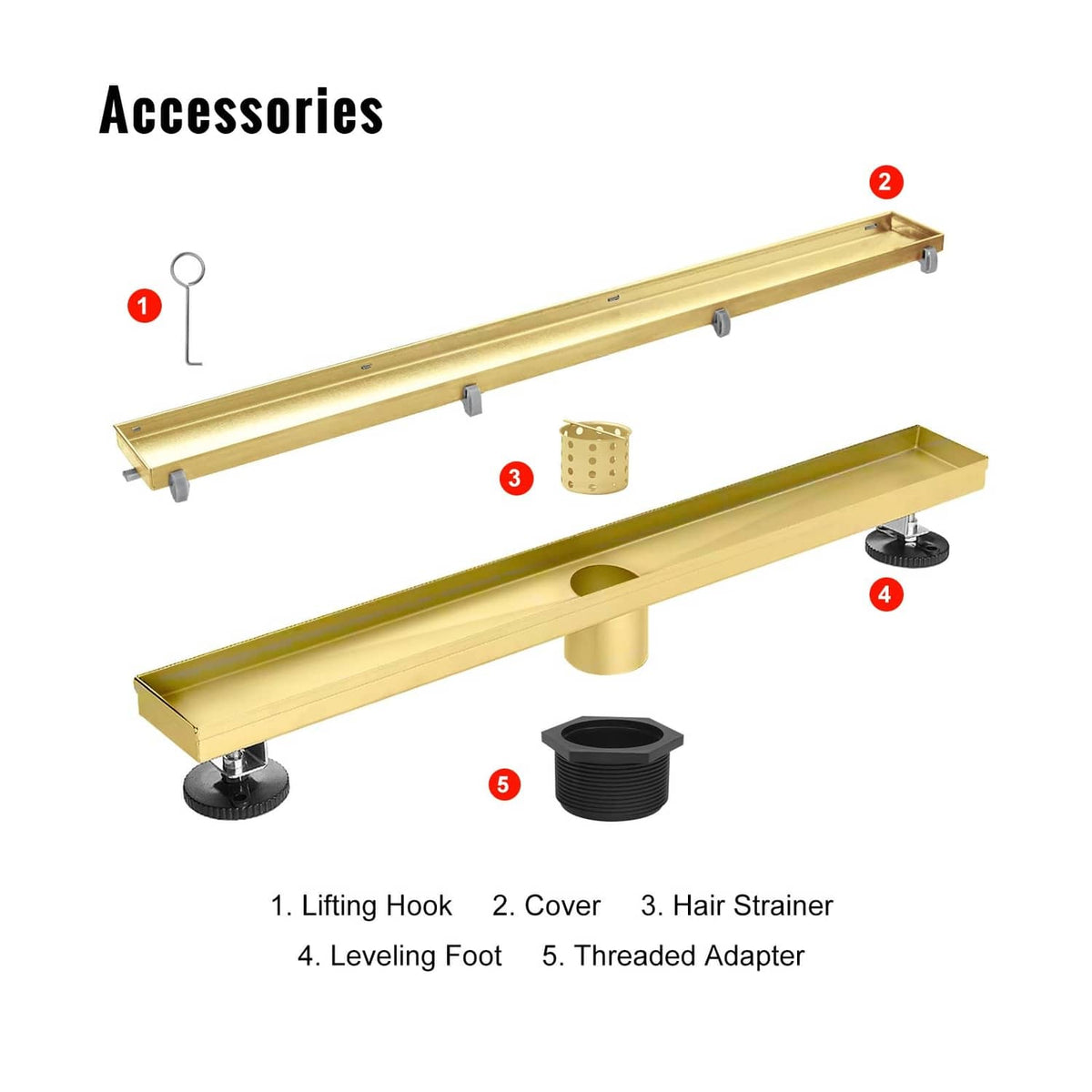 Gold linear shower drain tile insert grate with accessories, including leveling feet and adapter