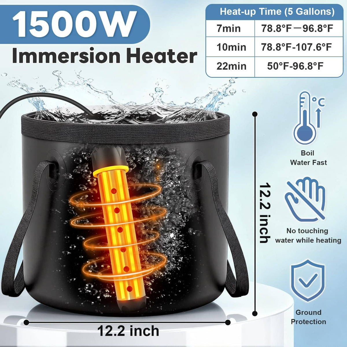 Portable immersion heater bucket with glowing vertical heating element for water heating