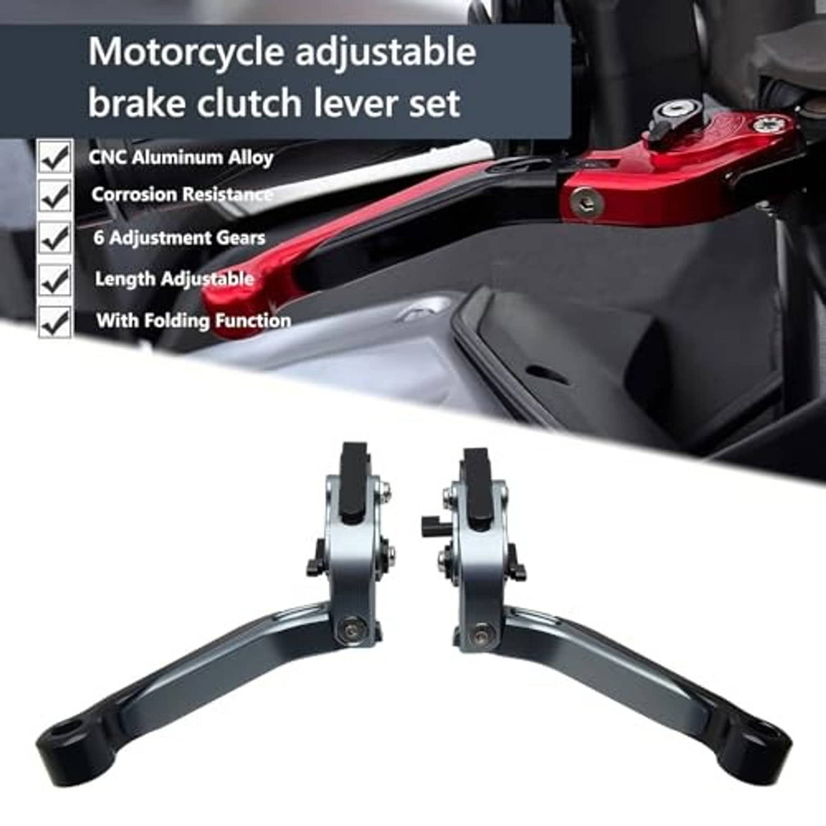 Motorcycle brake and clutch lever set with mounting hardware, dark gray and black