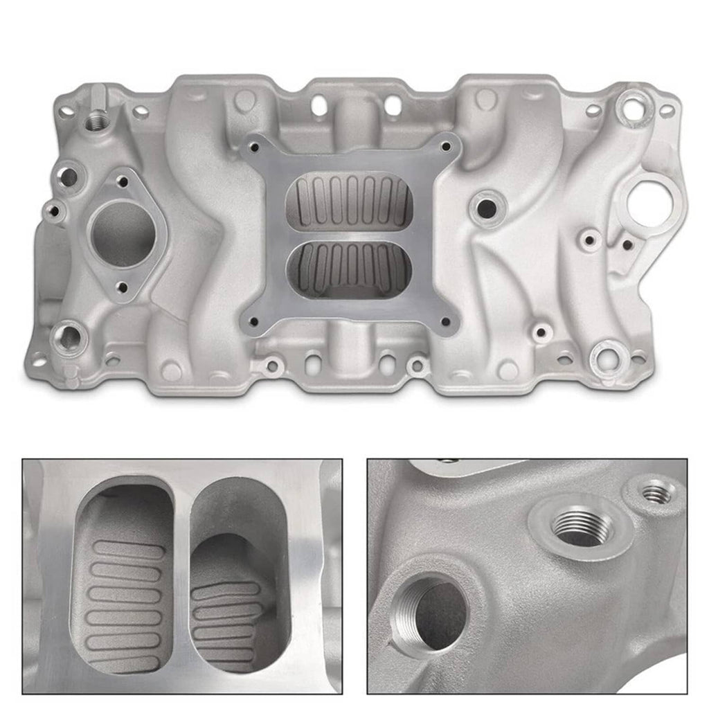 Aluminum dual-plane intake manifold with two air passages and bolt holes