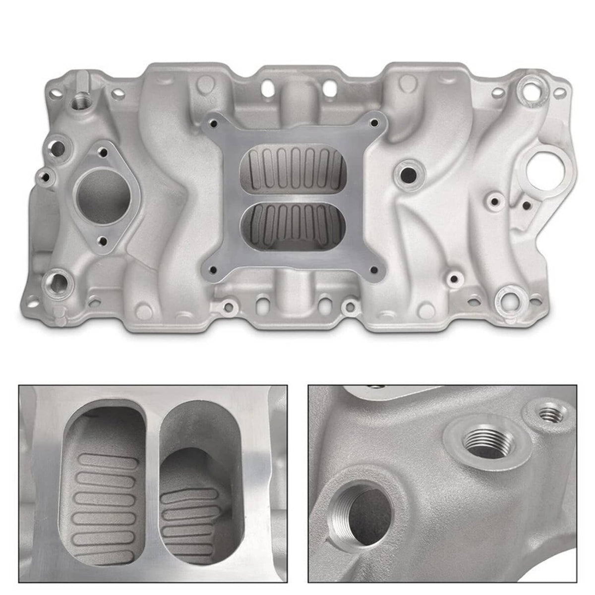 Aluminum dual-plane intake manifold with two air passages and bolt holes