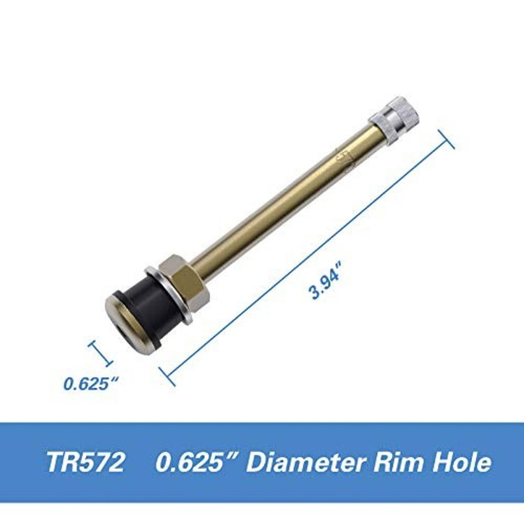 Brass tire valve stem with black rubber grommet, length 3.94 in shown
