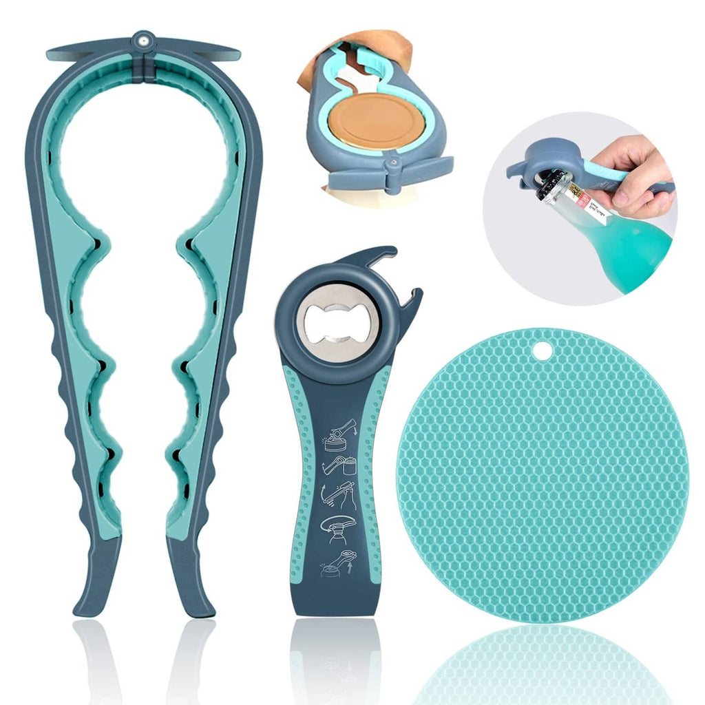 Blue jar opener set with ergonomic grippers and round textured grip pad