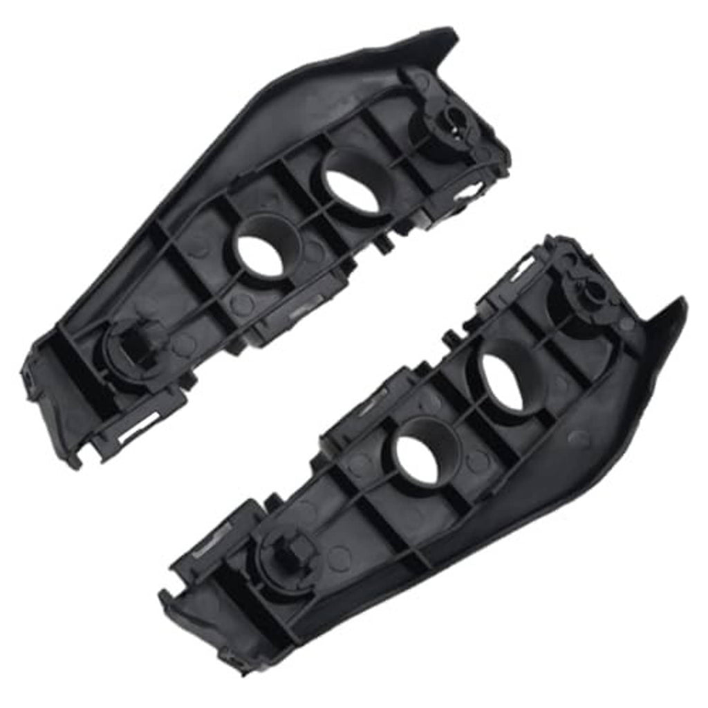 Set of black front bumper support brackets with round cutouts and metal mounting points