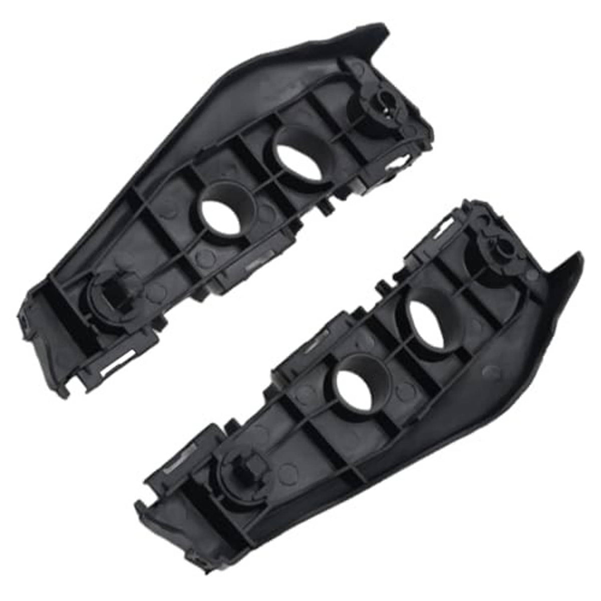 Set of black front bumper support brackets with round cutouts and metal mounting points