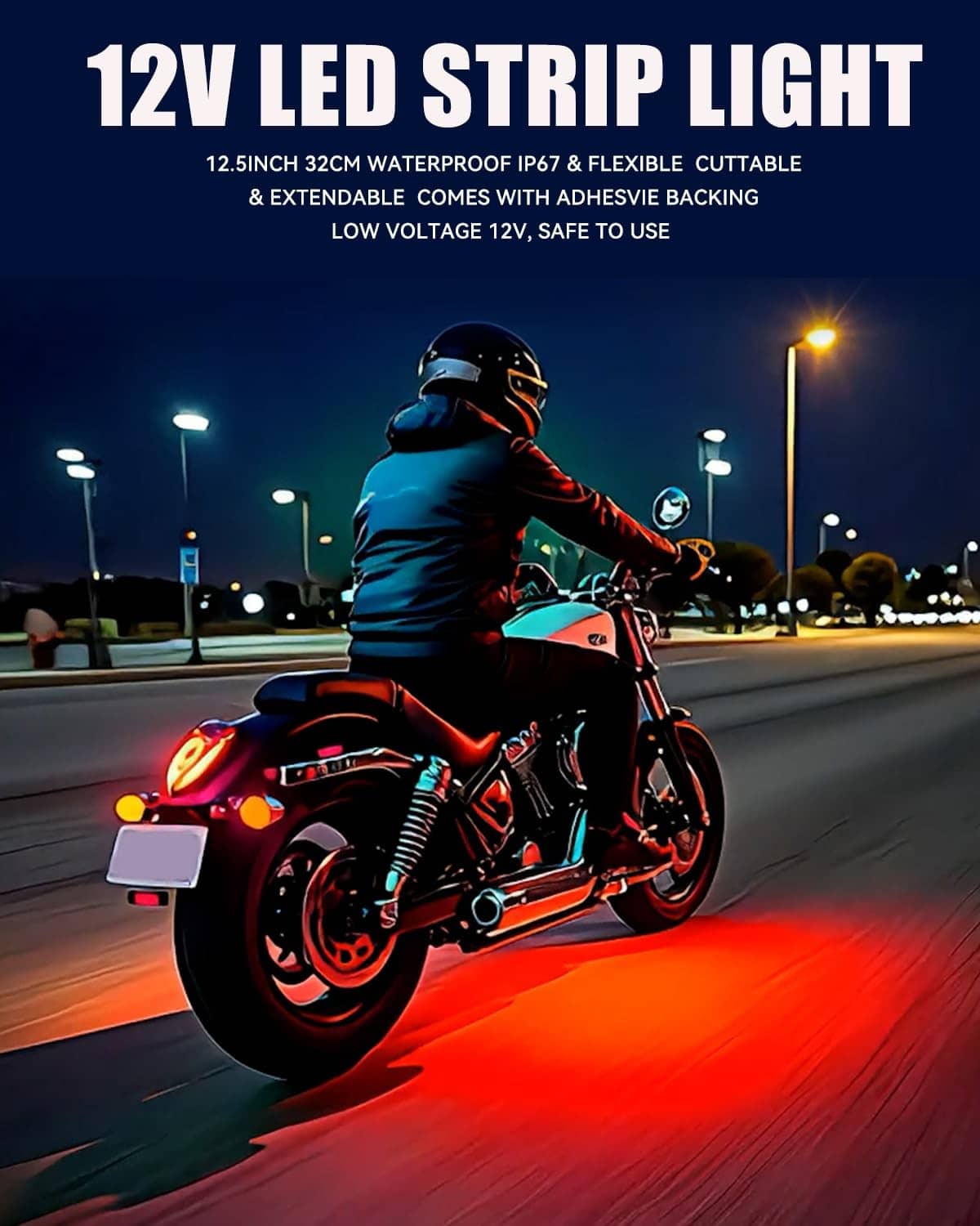 Red 12V LED strip lights glowing on a motorcycle