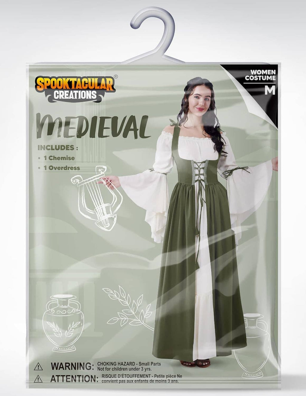 Women’s medieval costume packaging, featuring a dark green and white corset dress