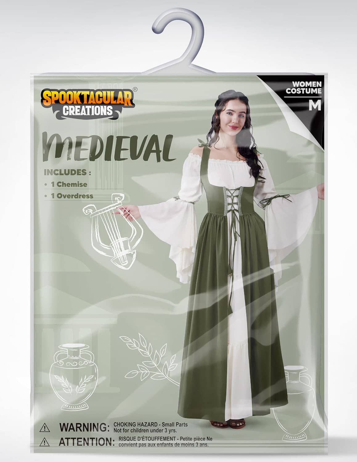 Women’s medieval costume packaging, featuring a dark green and white corset dress