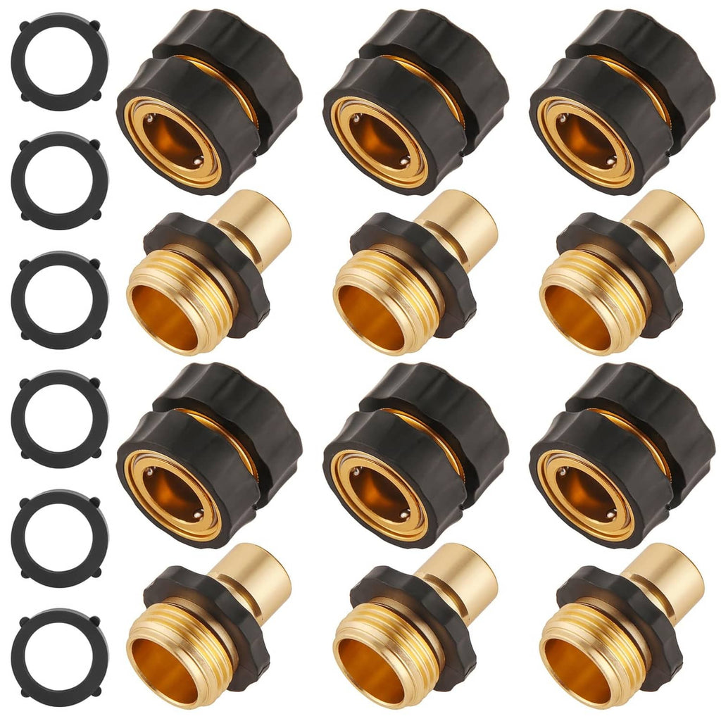 Hose quick-connect fitting set with black grips, brass ports, and rubber seals