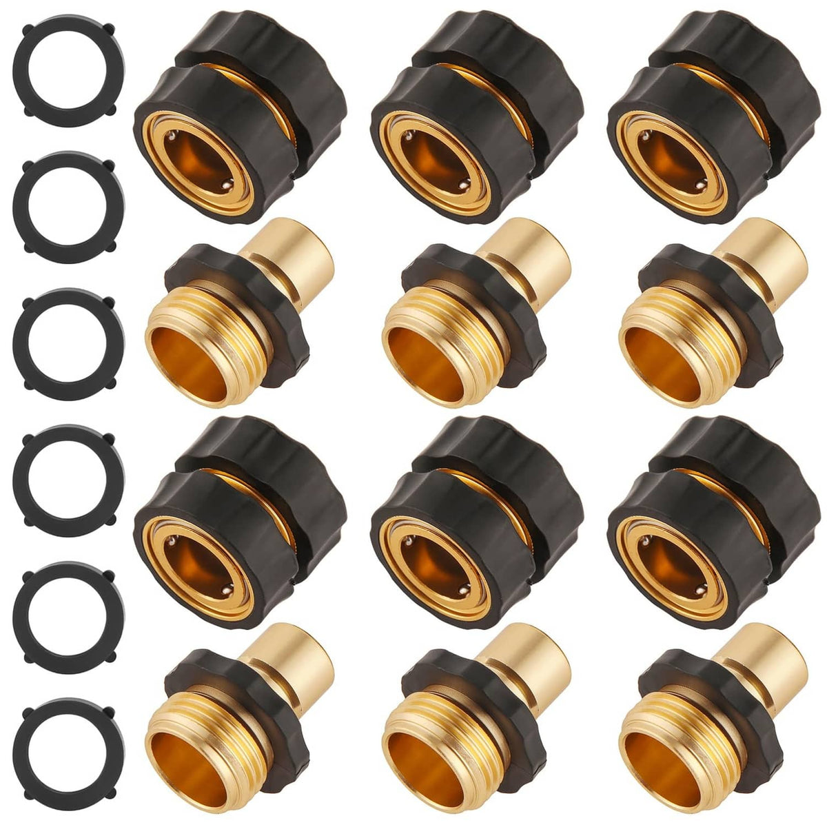 Hose quick-connect fitting set with black grips, brass ports, and rubber seals