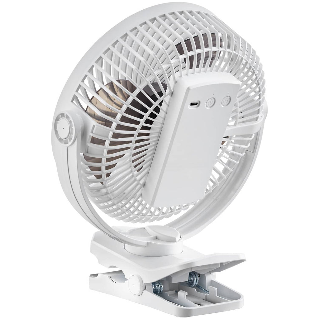 White portable USB rechargeable fan with side control buttons and adjustable clamp stand