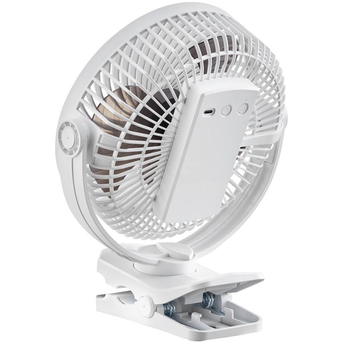 White portable USB rechargeable fan with side control buttons and adjustable clamp stand