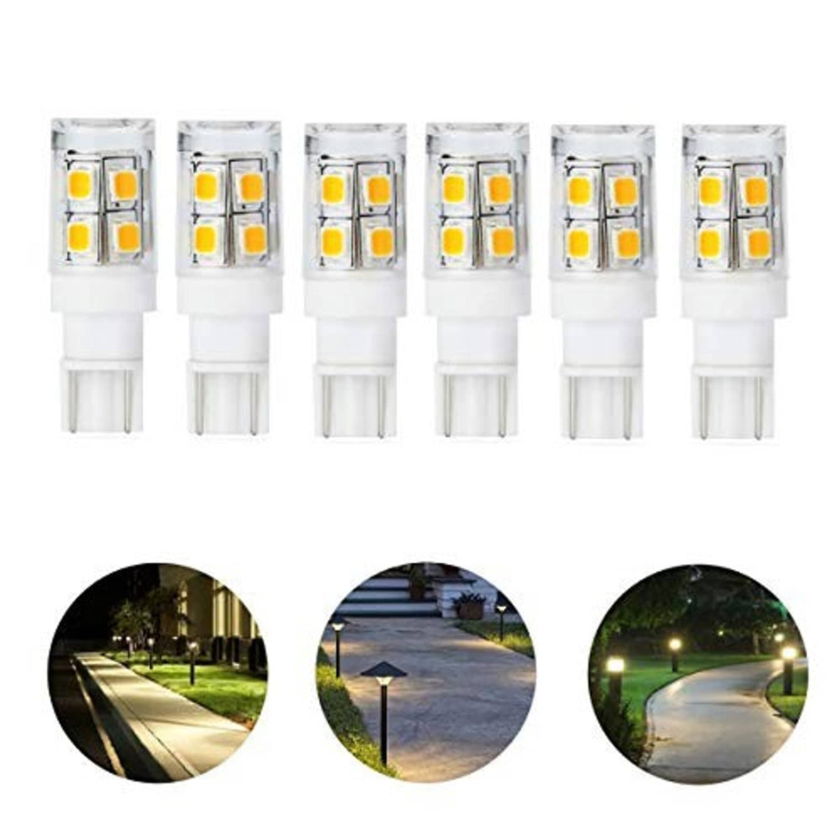 Six-pack of clear T5 LED replacement bulbs with 4 yellow LED chips each, cool white.