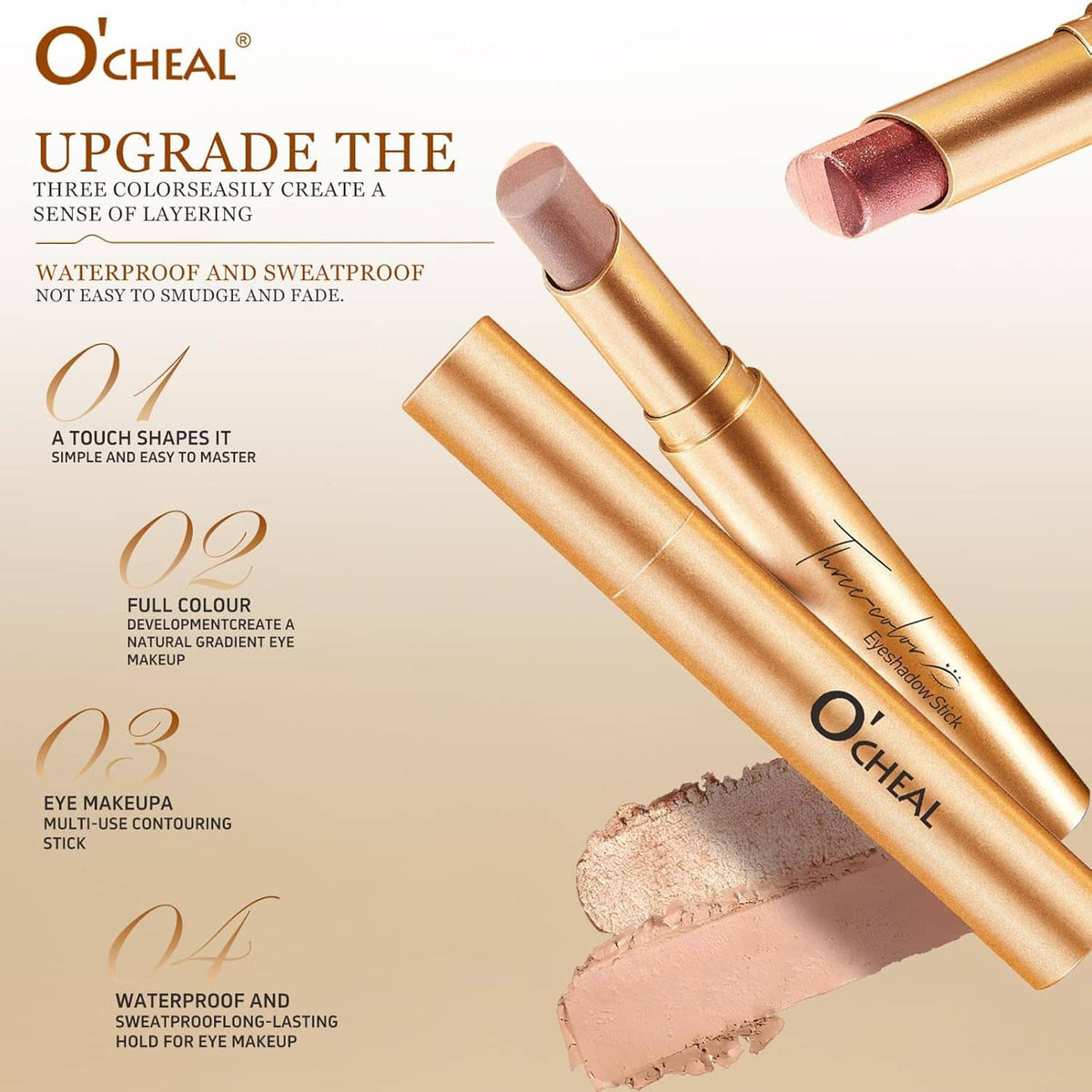 O'CHEAL three-color eyeshadow stick with rose-bronze swatches, matte shimmer finish