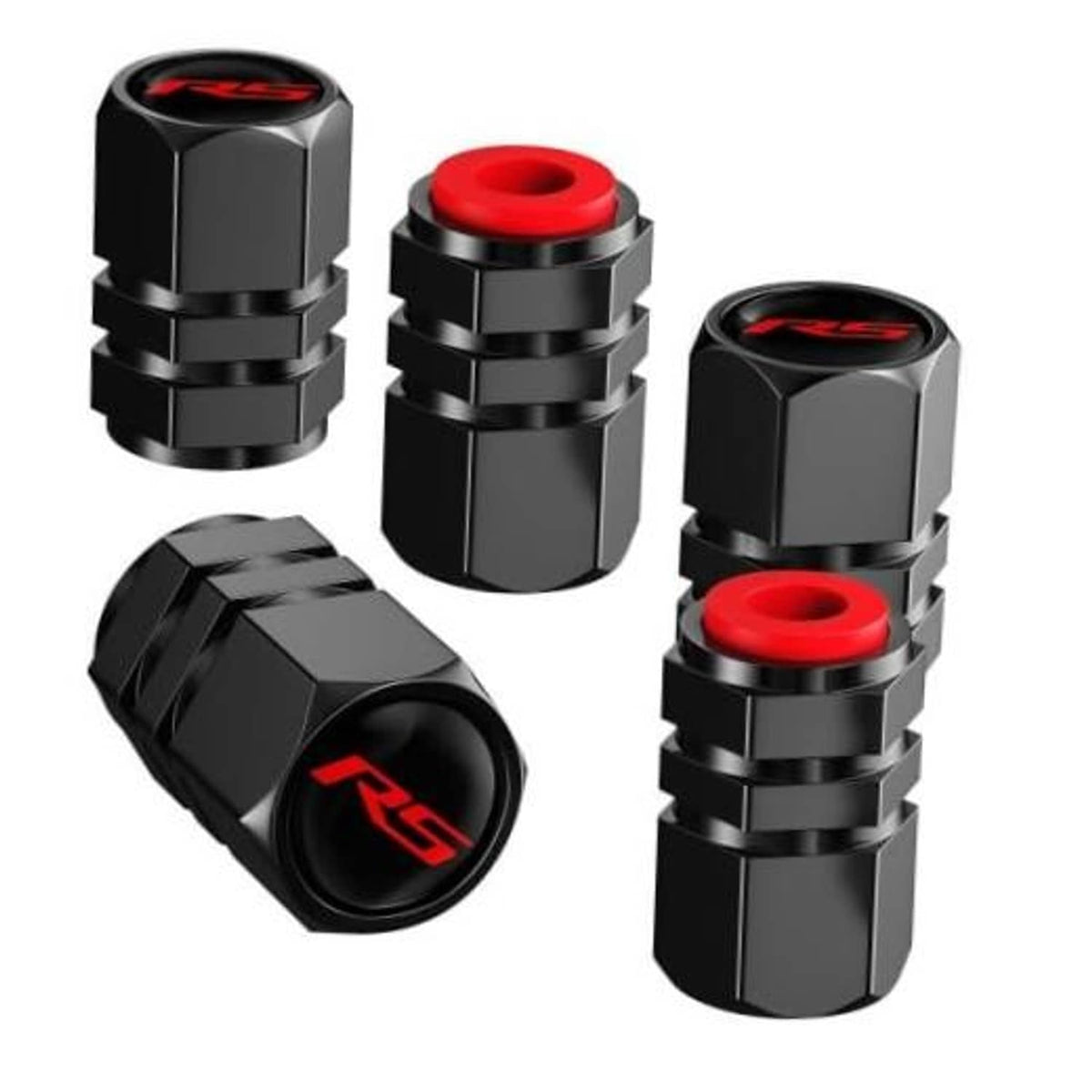 Set of 5 black tire valve stem caps with red O-ring and RS logo