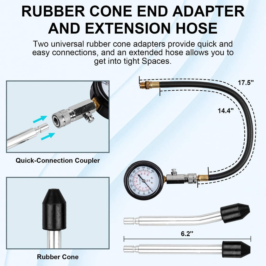 Rubber cone end adapter and extension hose for compression tester gauge connections