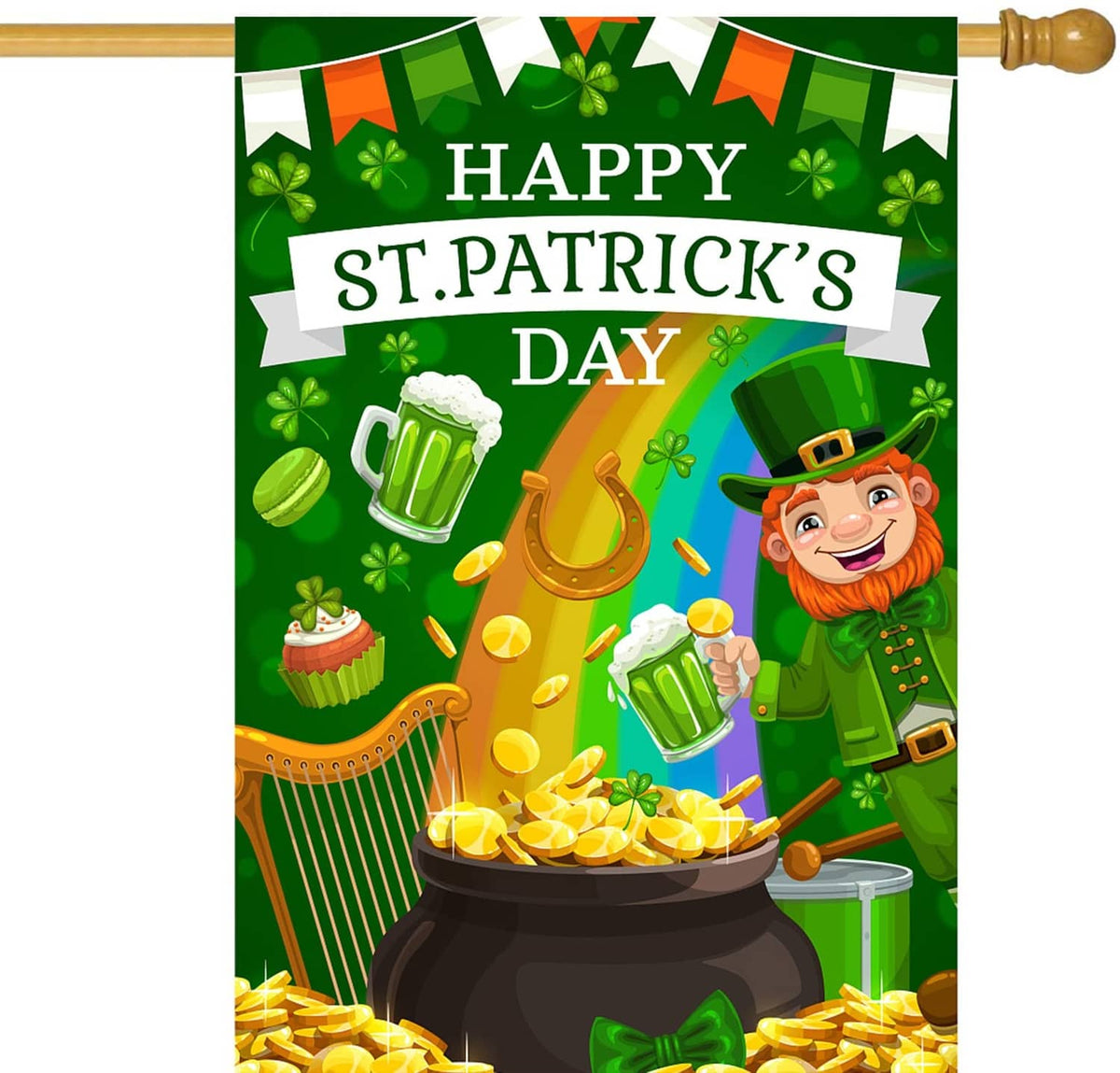 Green St. Patrick's Day garden flag with “HAPPY ST. PATRICK'S DAY,” leprechaun and pot of gold