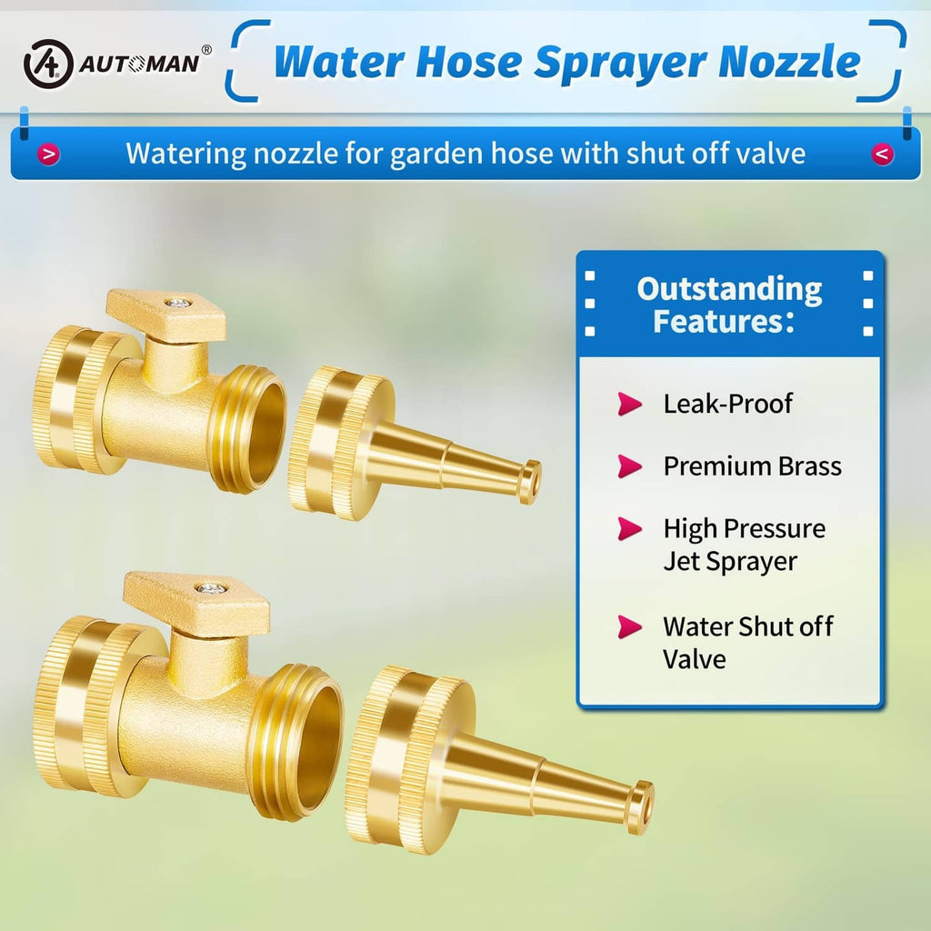 Brass water hose sprayer nozzle with shut-off valve and jet stream