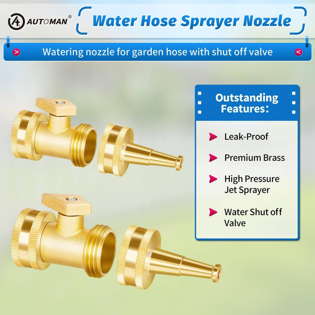 Brass water hose sprayer nozzle with shut-off valve and jet stream