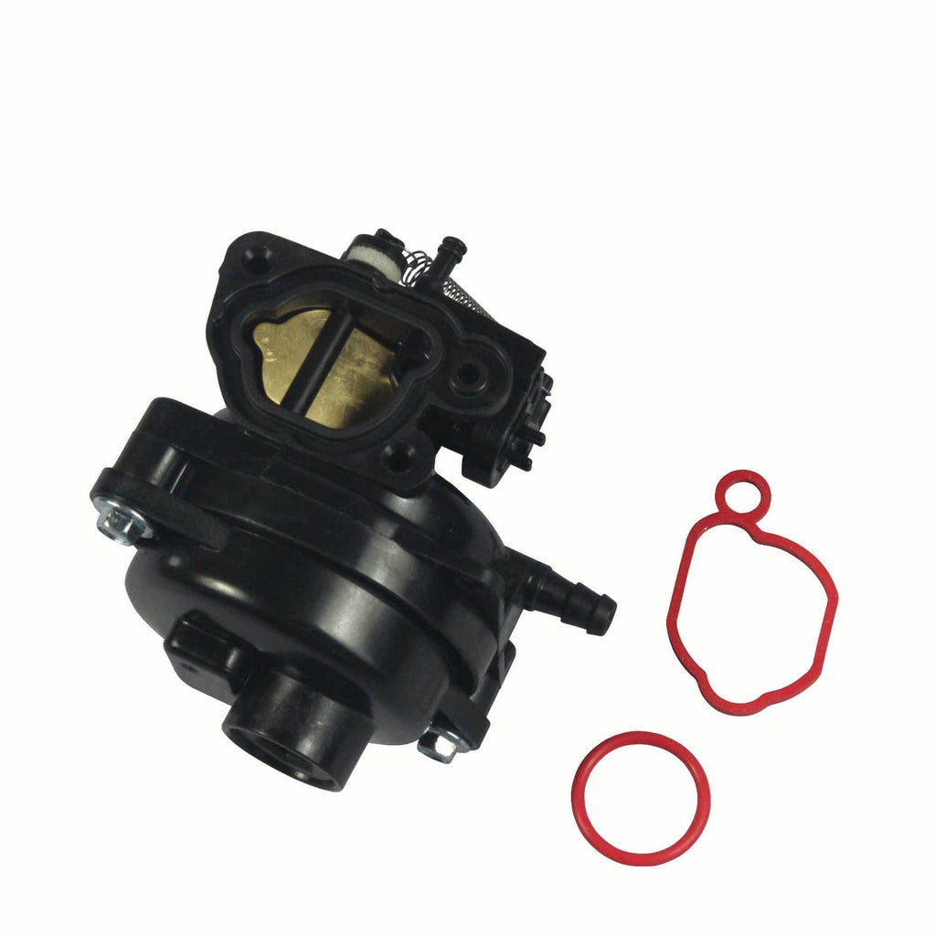 Black carburetor with top air passage cover and red gasket rings