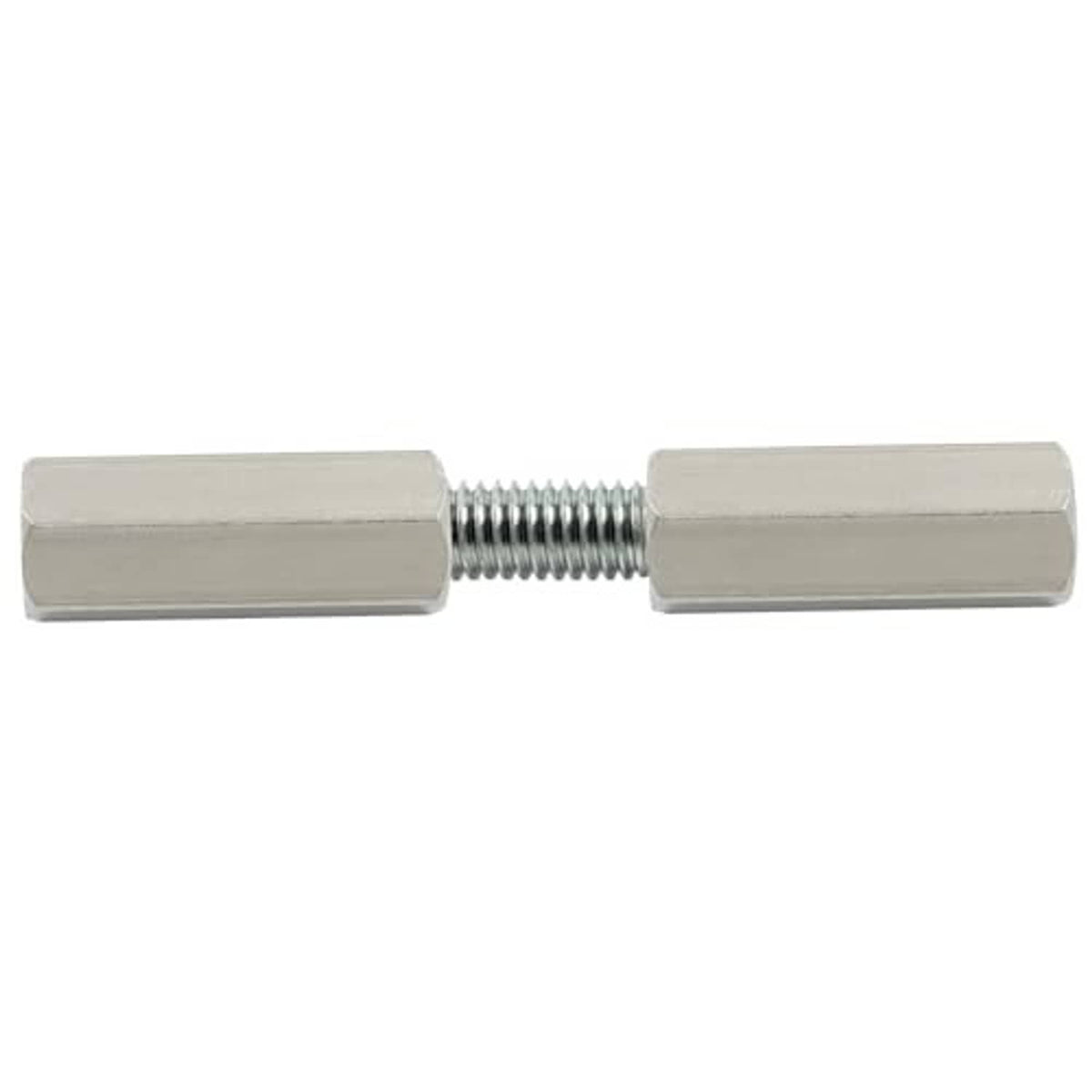 Pair of silver hex coupling nuts with visible M8 threaded section between