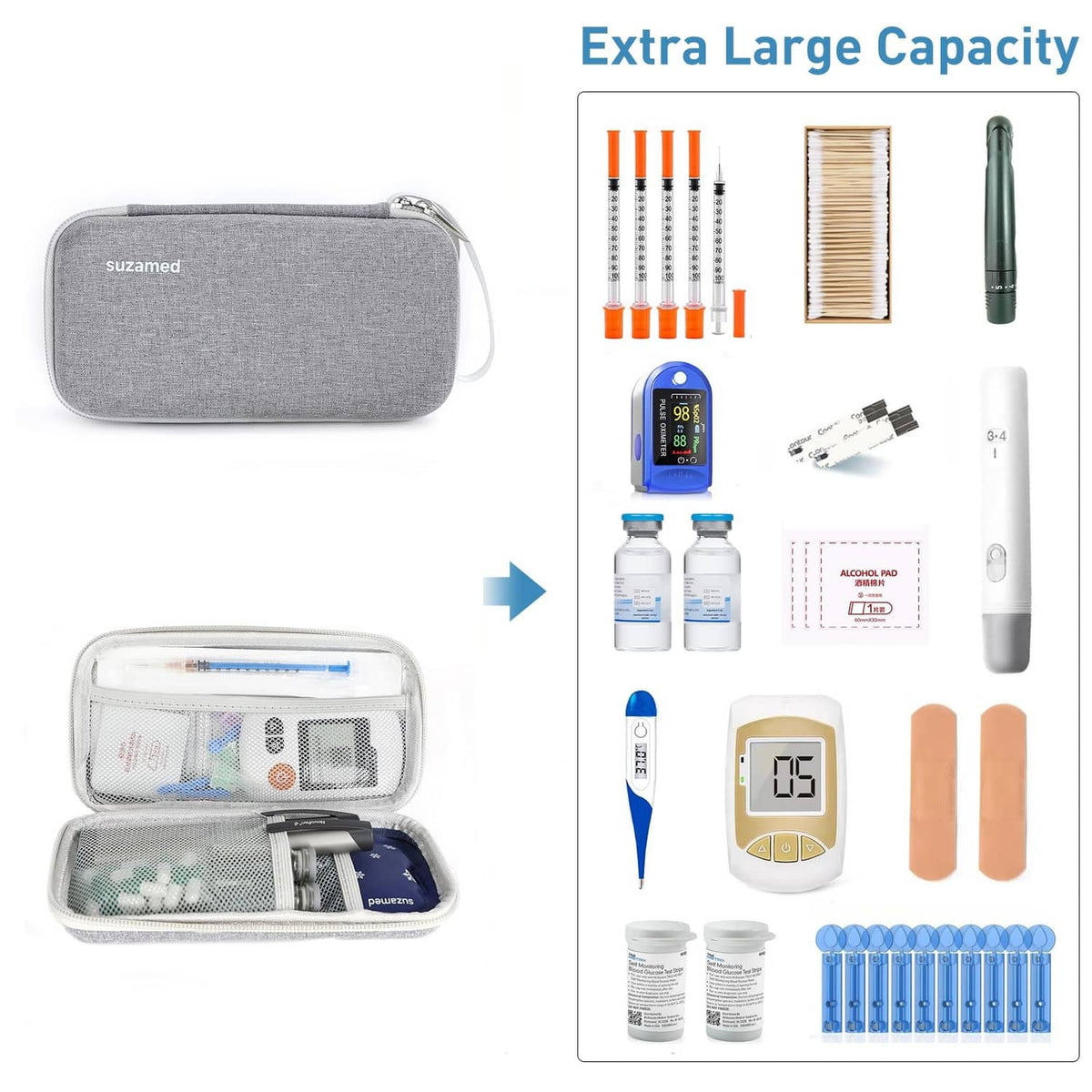 Grey insulin cooler travel case open with inner organizer and included cooling accessories