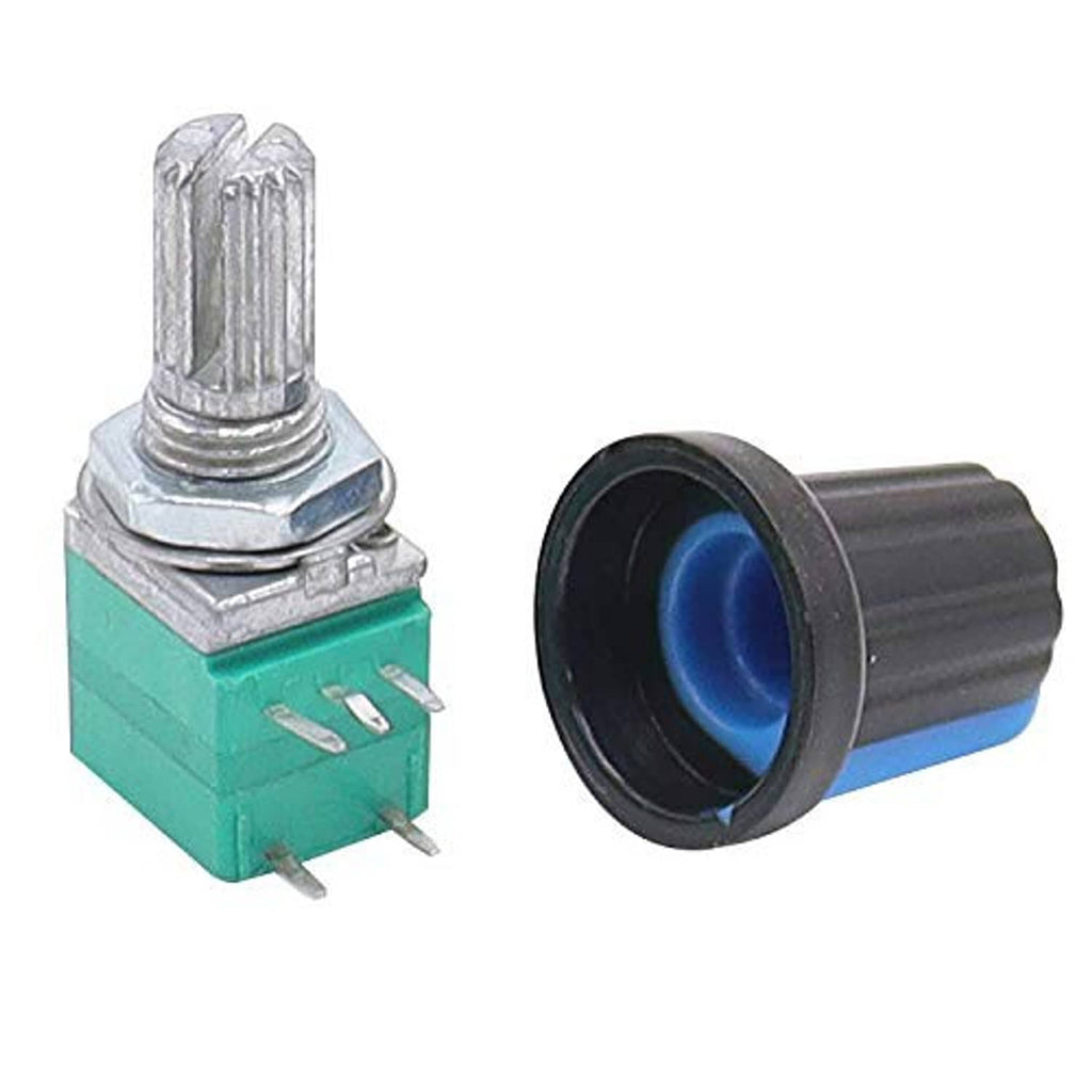 Rotary potentiometer with switch and blue insulator cap, teal board, metal shaft