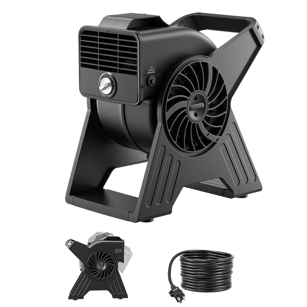 Uimoso portable utility fan, black housing with front grille and adjustable stand