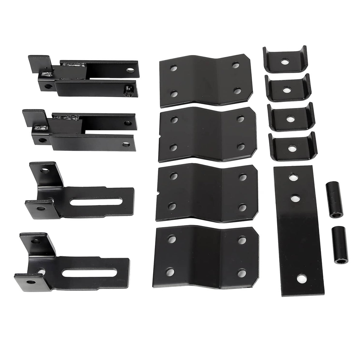 Set of black steel lift blocks/brackets with mounting holes and curved cutouts