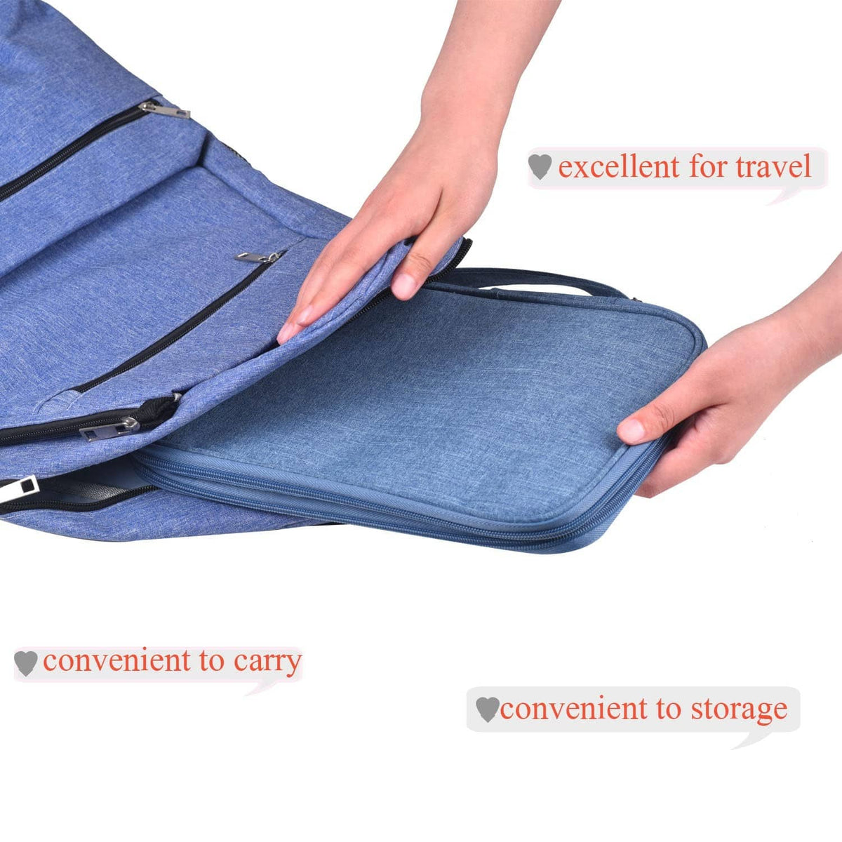 Blue watch band storage case opened flat, zipper compartments with hands adjusting the bag