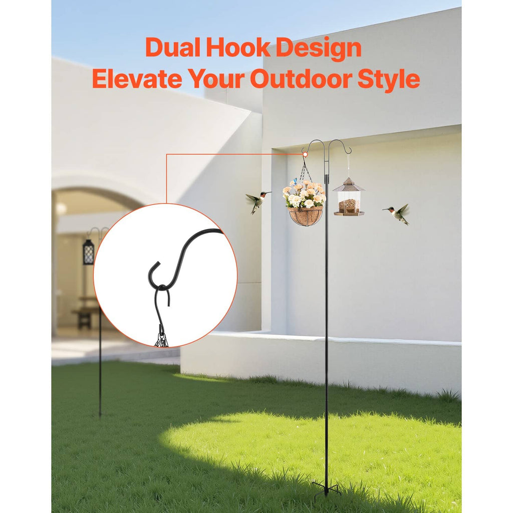 Black shepherds hook pole with double hooks holding two hanging bird feeders