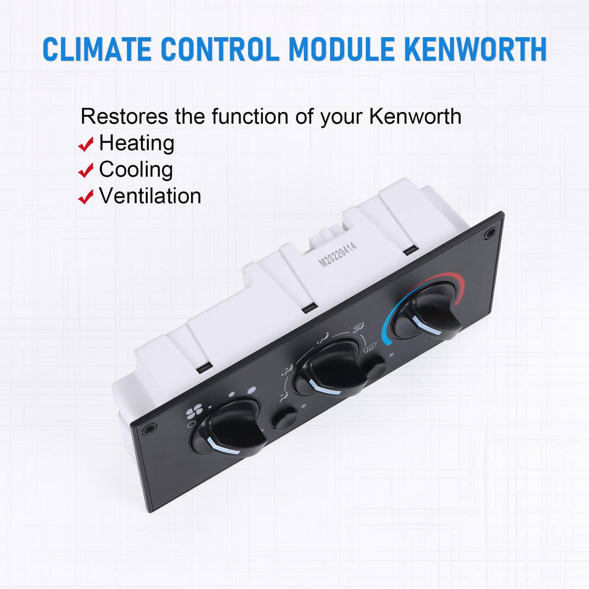 White and black climate control module with three rotary knobs on front panel