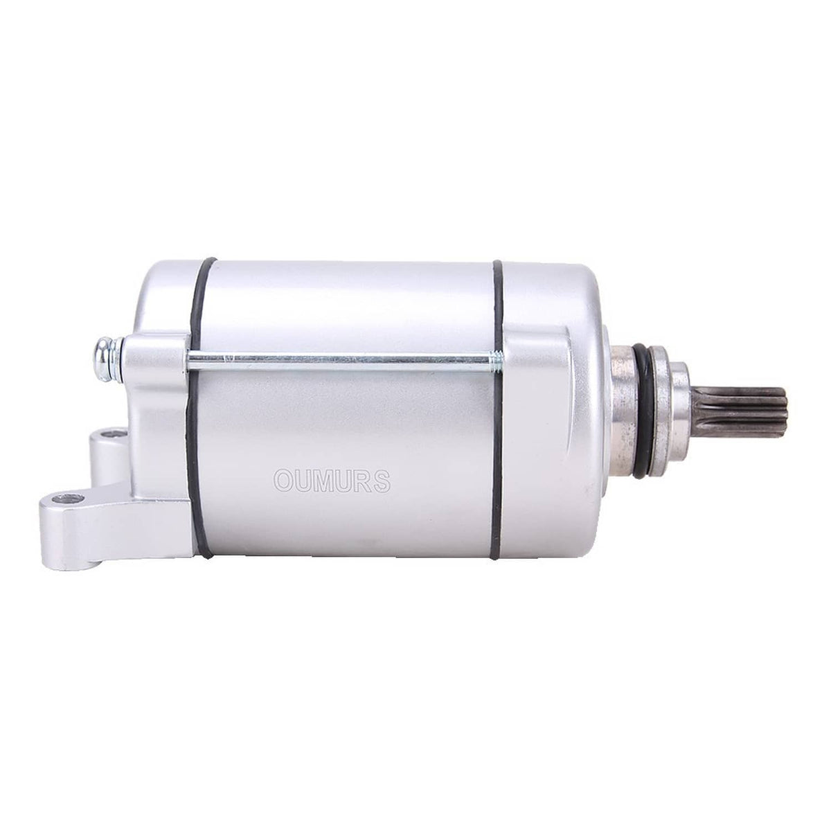 ATV starter motor with silver cylinder and side output shaft, black wire connection