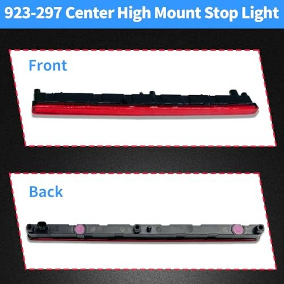 Third brake light front and back view: red lens bar and rear mounting bracket