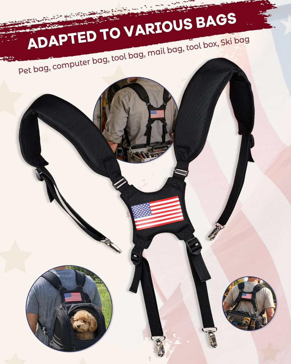 Black padded adjustable golf bag straps with USA flag patch and metal buckles